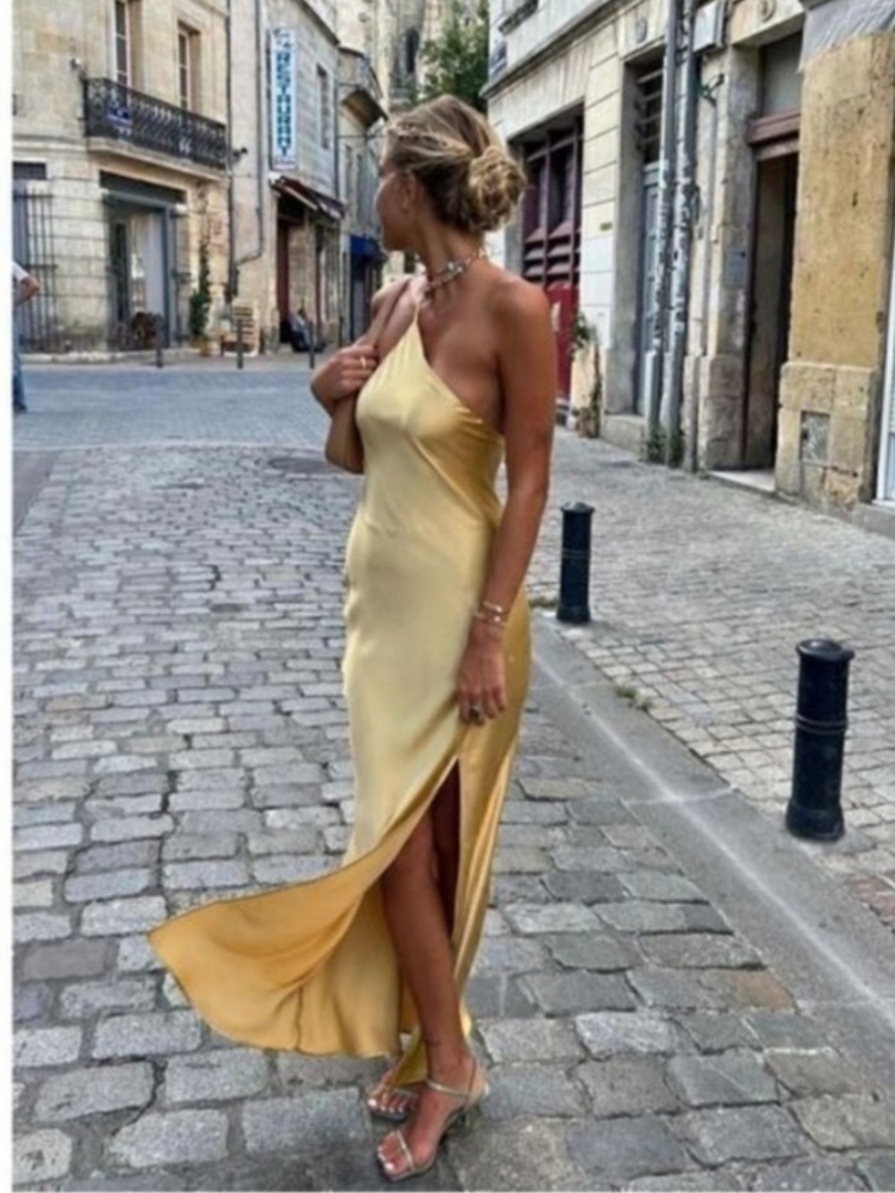 Commense NWT one shoulder good yellow satin maxi dress adjustable straps XS